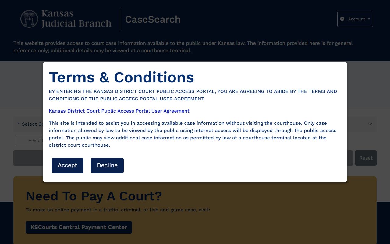 Kansas CaseSearch portal for Ellsworth County court records after arrest